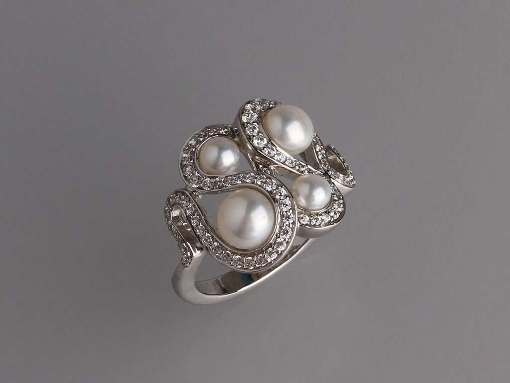Sterling Silver Ring with Button Shape Freshwater Pearl and Cubic Zirconia