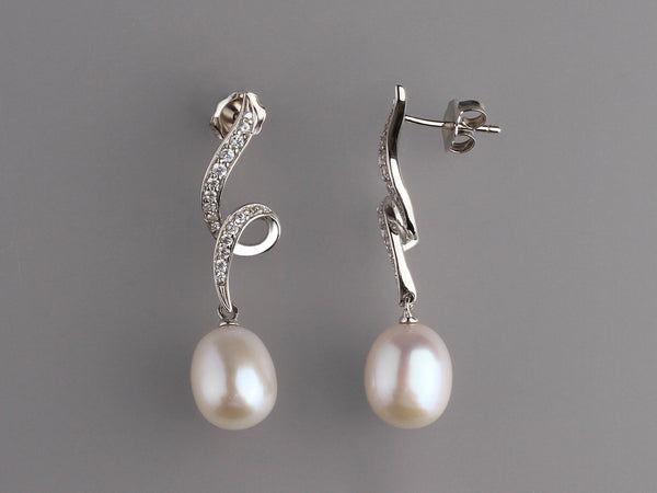 Sterling Silver Earrings with 9-9.5mm Drop Shape Freshwater Pearl and Cubic Zirconia