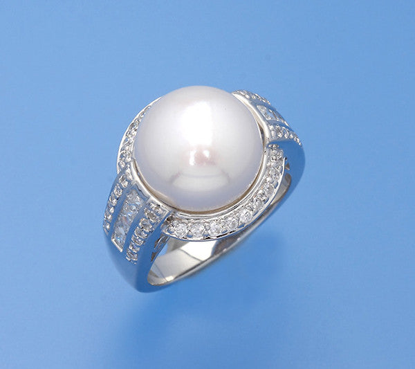 Sterling Silver Ring with 12-12.5mm Button Shape Freshwater Pearl and Cubic Zirconia - Wing Wo Hing Jewelry Group - Pearl Jewelry Manufacturer