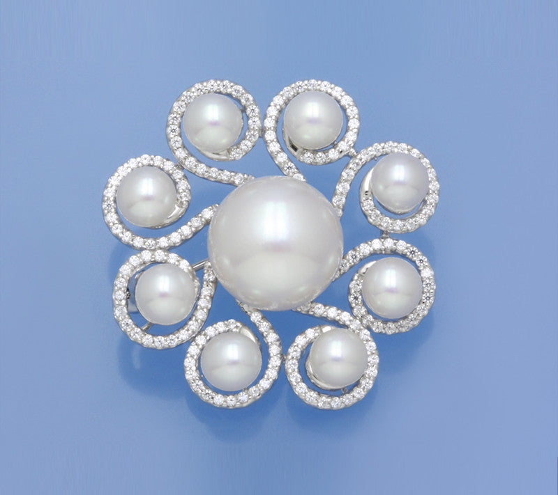 Sterling Silver Brooch with Button Shape Freshwater Pearl and Cubic Zirconia - Wing Wo Hing Jewelry Group - Pearl Jewelry Manufacturer