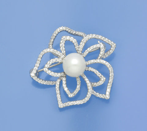 Sterling Silver Brooch with 8.5-9mm Button Shape Freshwater Pearl and Cubic Zirconia