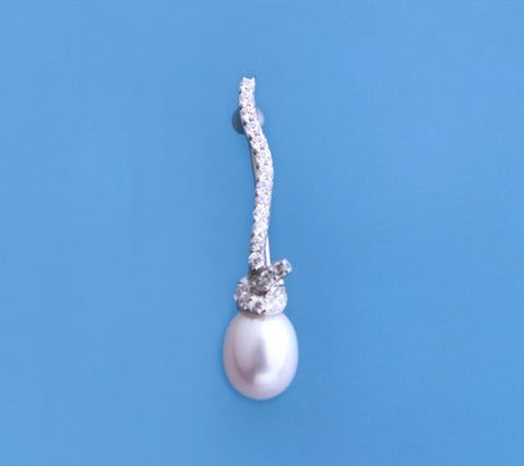 Sterling Silver Brooch with 7.5-8mm Drop Shape Freshwater Pearl and Cubic Zirconia