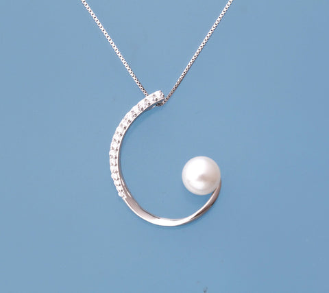 Sterling Silver Pendant with 7.5-8mm Button Shape Freshwater Pearl and Cubic Zirconia